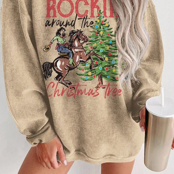 Khaki Casual Women's Christmas Pattern Print Crew Neck Sweatshirt - Picture 2 of 5